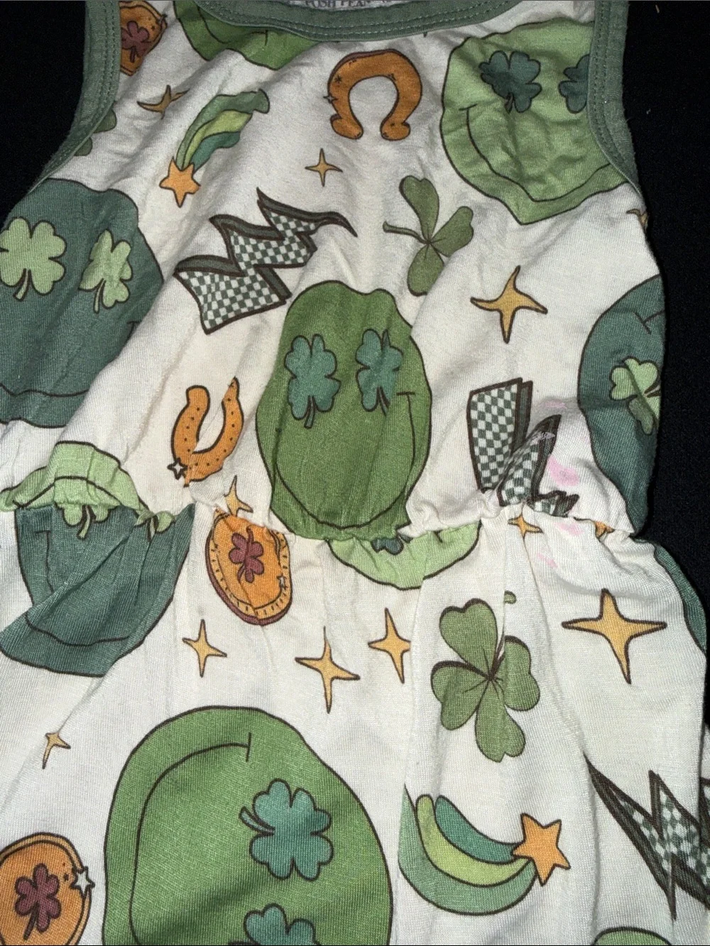 Posh Peanut Green and Orange Luck Graphic Romper and bow